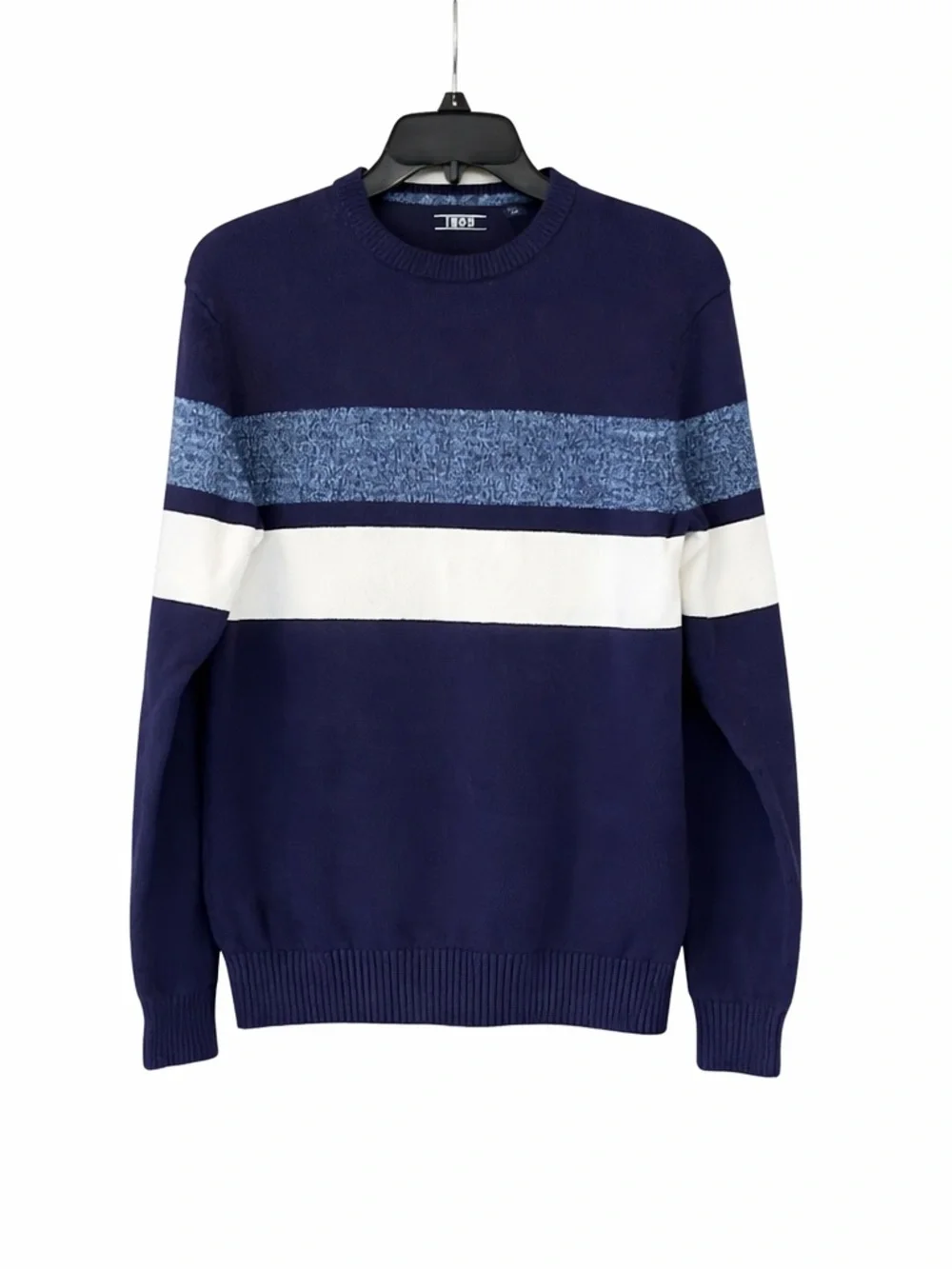 IZOD Mens‎ Sweater Small Navy Blue White Marled Striped Crew Neck Knit Pullover